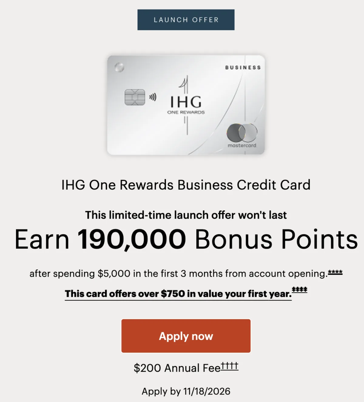 IHG One Rewards Business信用卡190K首发奖励