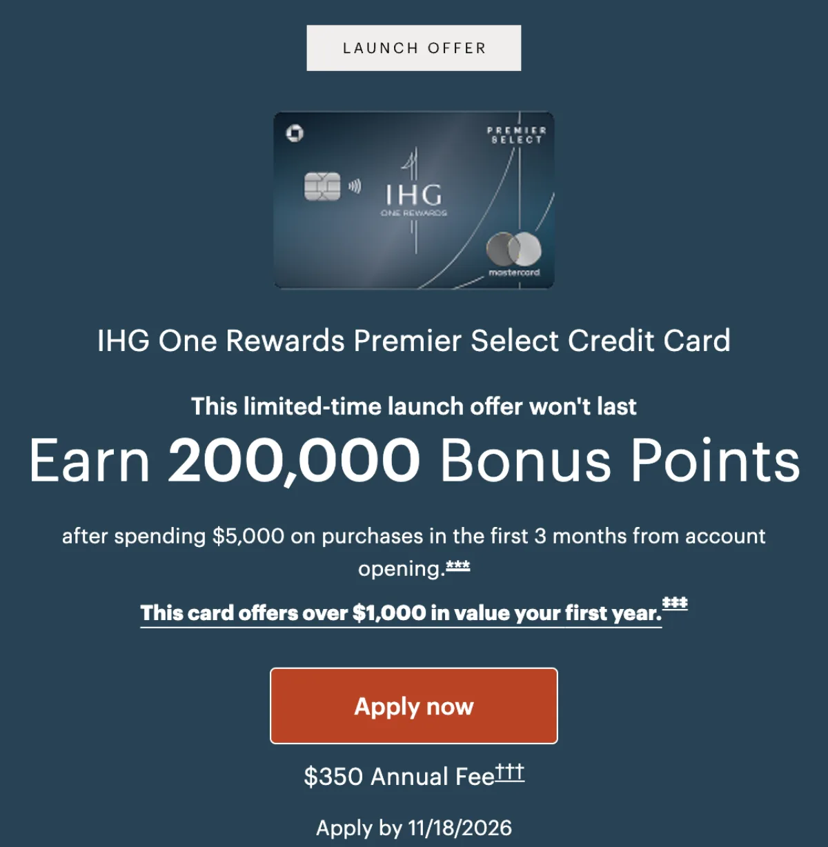 IHG Premier Select信用卡200K首发奖励