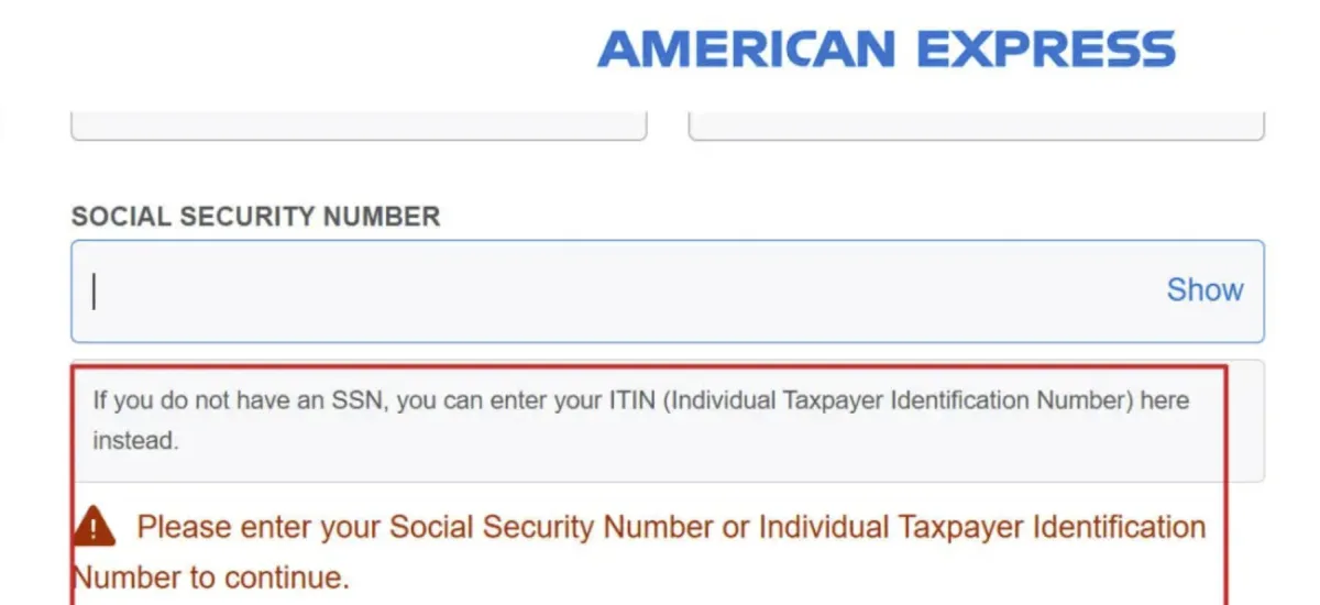 American Express ITIN字段 American Express 申请页支持填写 ITIN