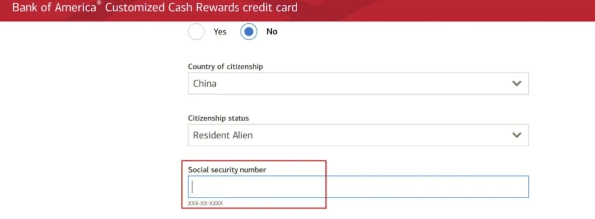 Bank of America申请字段 Bank of America 信用卡身份信息页面