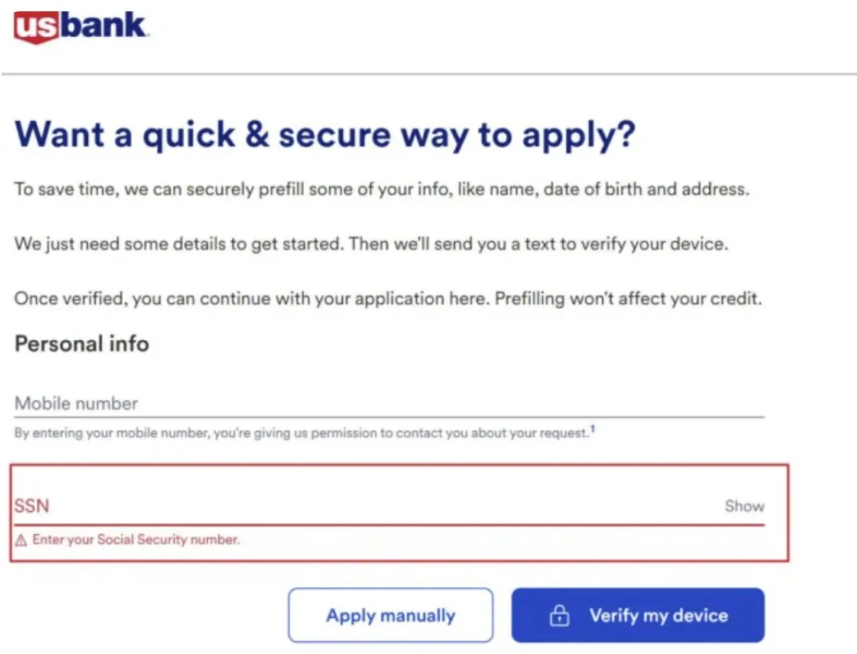 U.S. Bank申请页面 U.S. Bank 信用卡申请页面