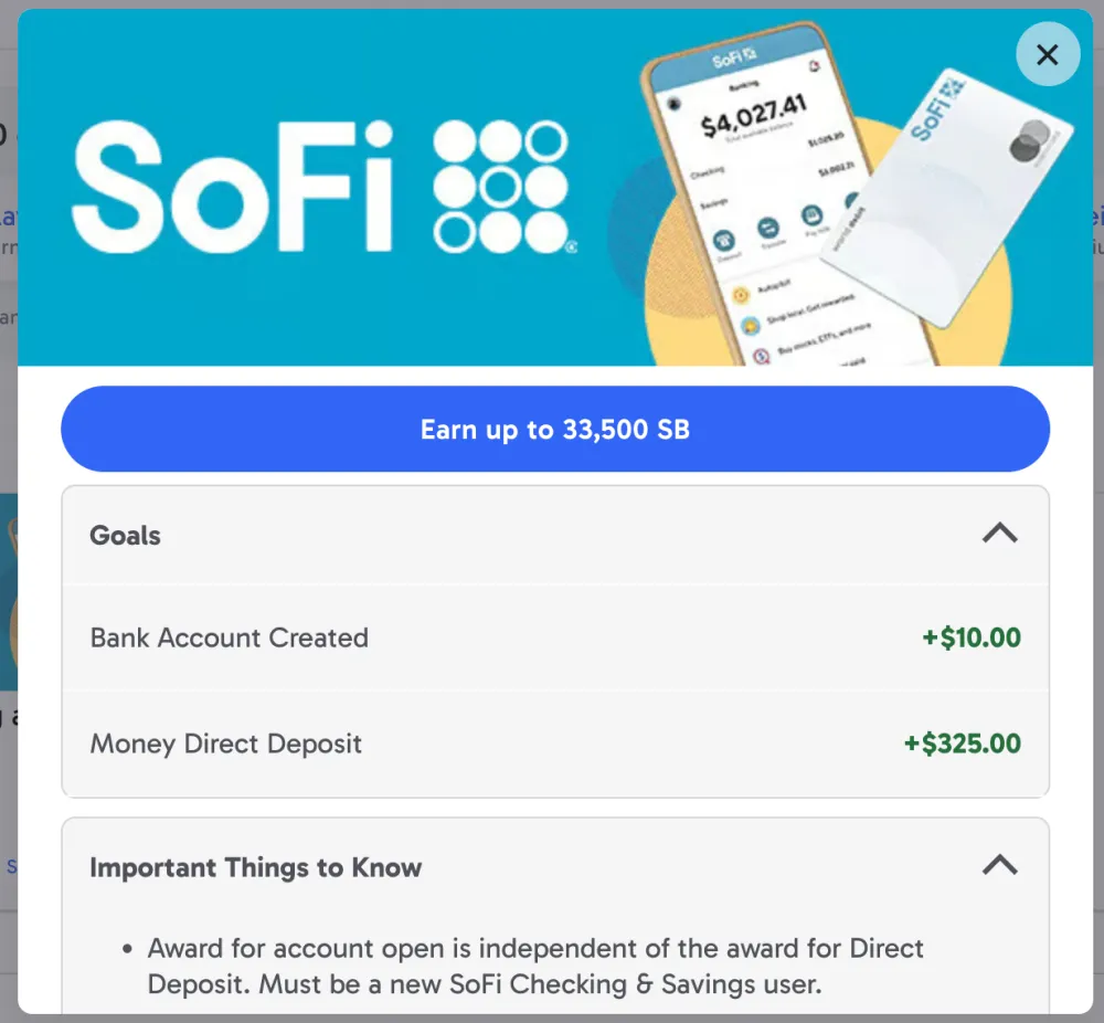 SoFi开户与直接存款奖励条件